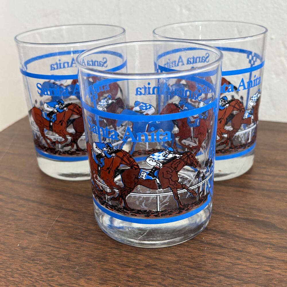 Vintage Santa Anita Lowball Glasses Lot of 3 MCM Racing Whiskey Drinking Glass